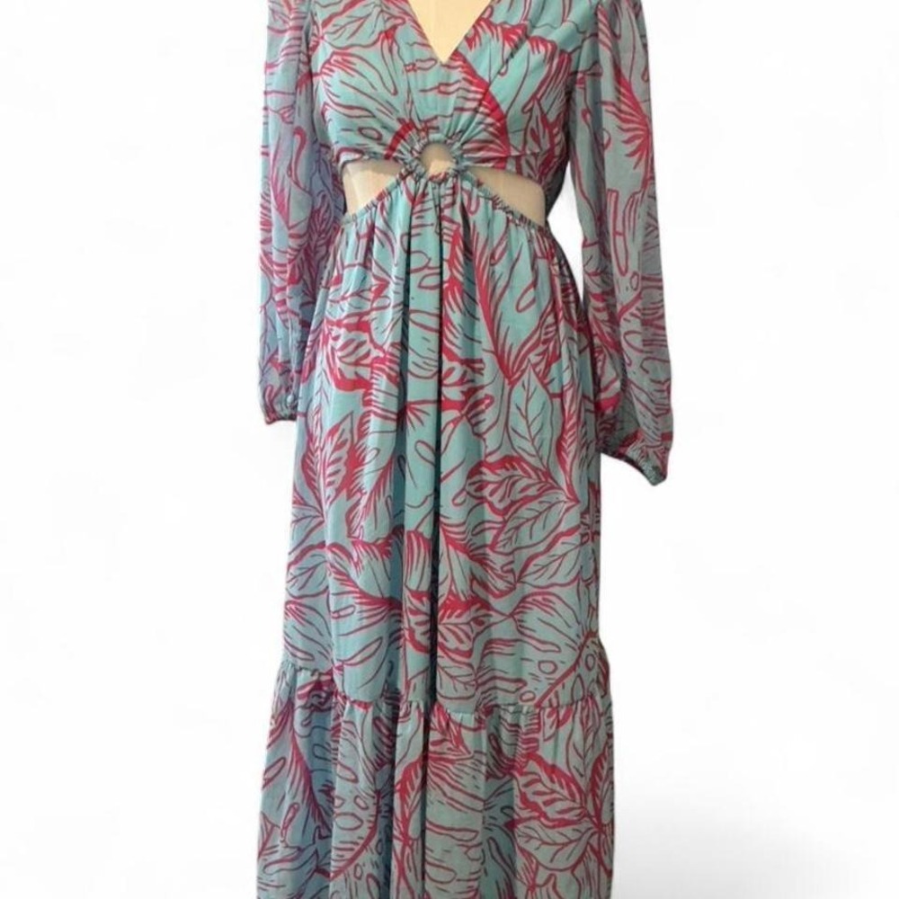 Jessica Simpson Maxi Dress Womens Medium Blue Pink Tropical Cut-Out Excellent